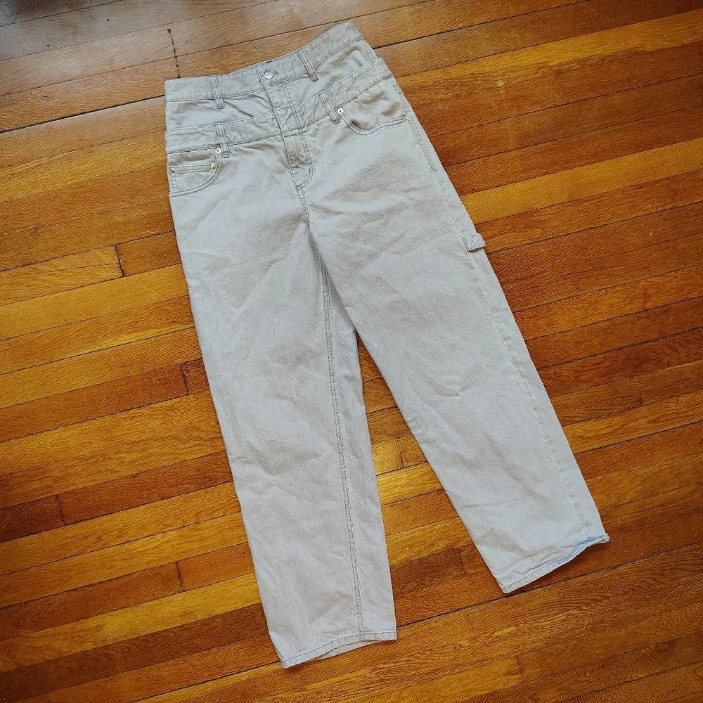 Tibi Grey Denim Double Waisted Sam Jean Size 26 Small Wide Leg Carpenter Jeans - Picture 4 of 9